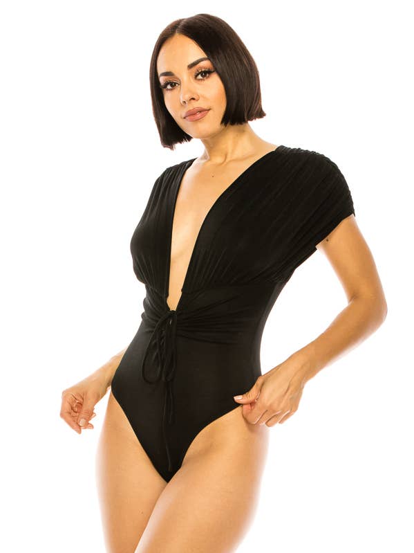 R4511-SOLID SLINKY FABRIC FRONT TIE BODYSUIT for wholesale by A3 Design USA