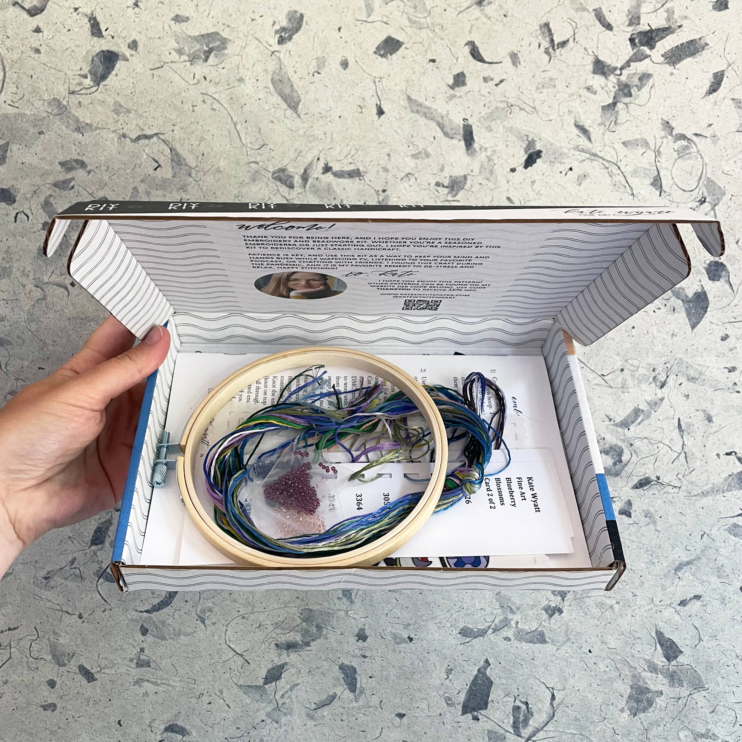 Kate Wyatt Fine Art – wholesale DIY craft kit – DIY Embroidery and Beadwork Kit - Blueberry Blossoms (5")5