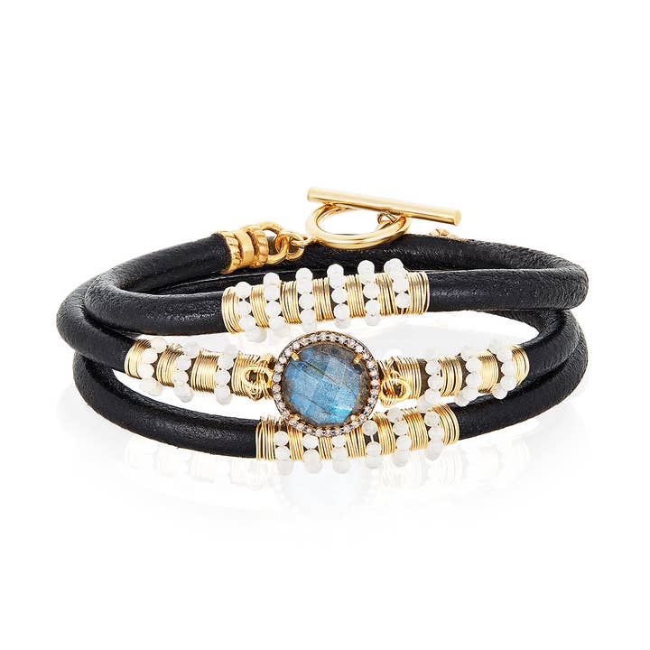 Triple Labradorite Diamond Leather Bracelet for wholesale by Mabel Chong