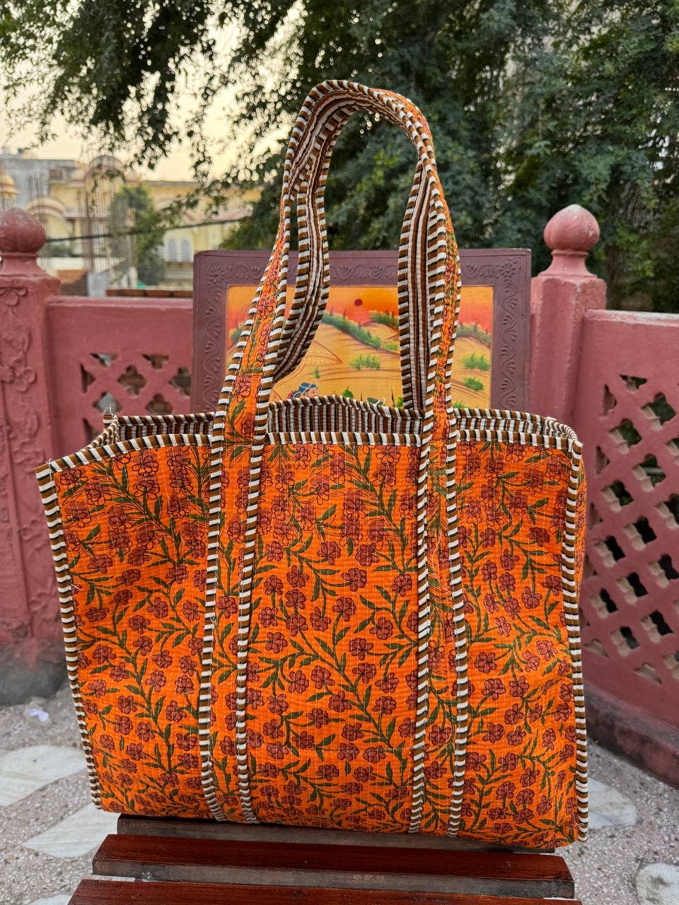 bhavnas boutique - Wholesale Tote Bag - Women's - Orange Cotton Quilted Bag Small Floral Printed Shoulder Bags5