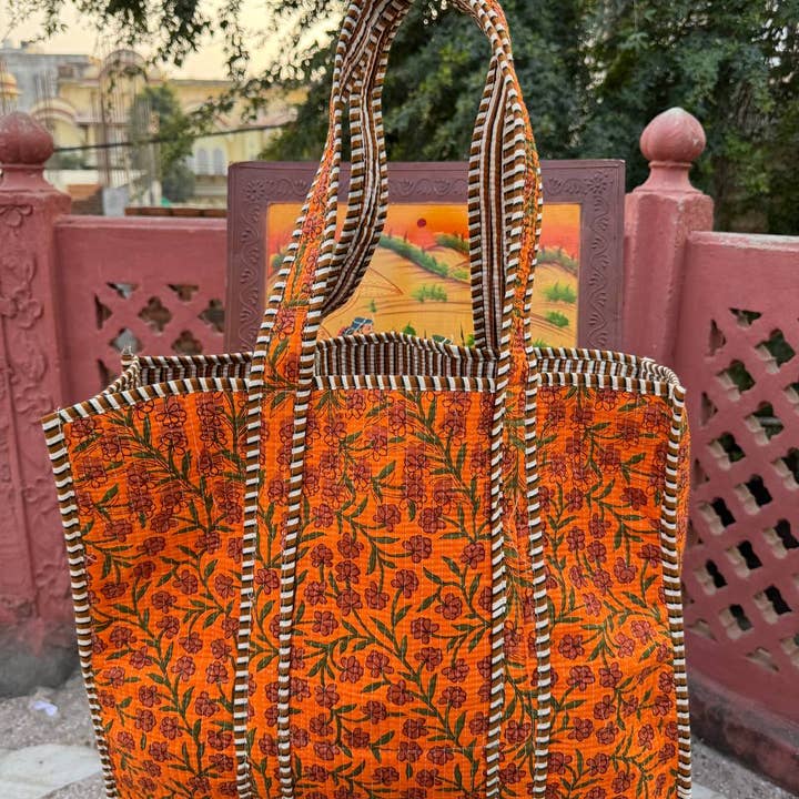bhavnas boutique - Wholesale Tote Bag - Women's - Orange Cotton Quilted Bag Small Floral Printed Shoulder Bags5