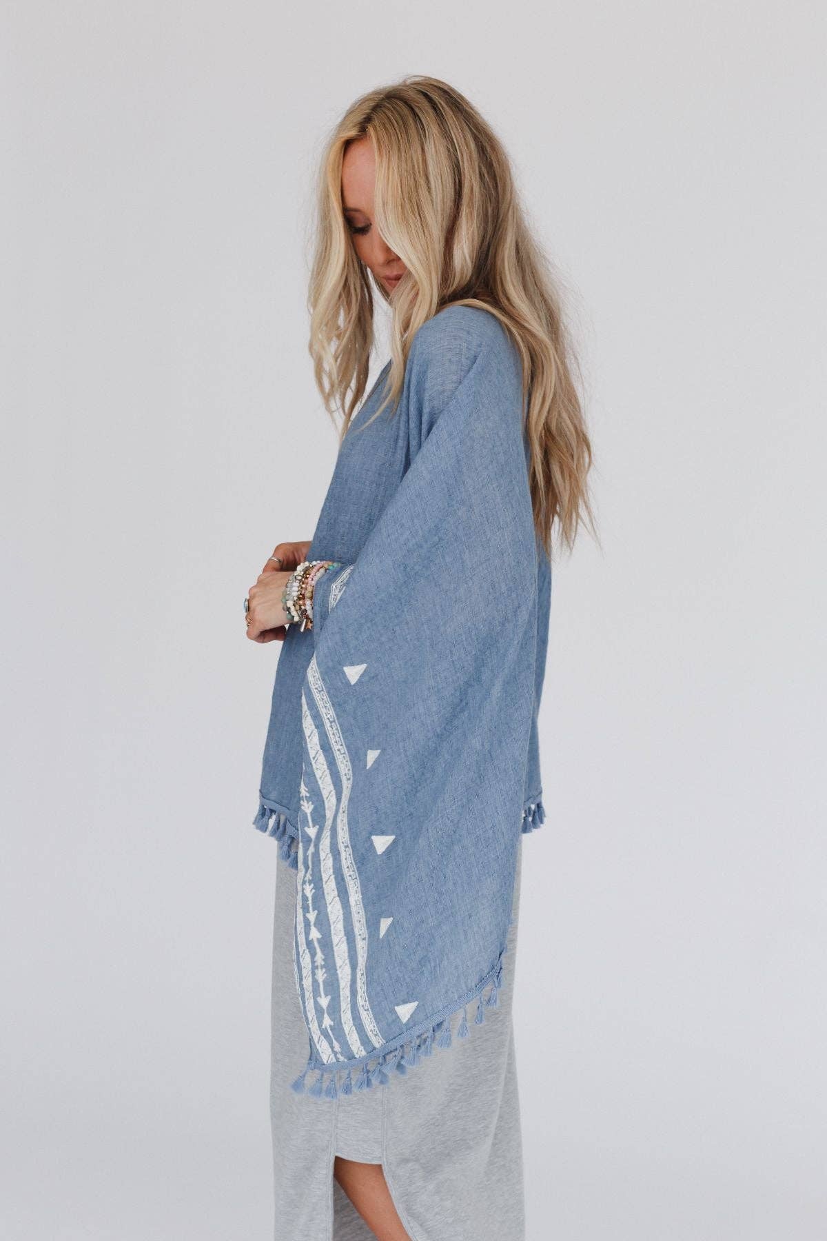 Three Bird Nest - Wholesale Poncho - Women's - Fallon Embroidered Sleeve Tassel Poncho - Blue5