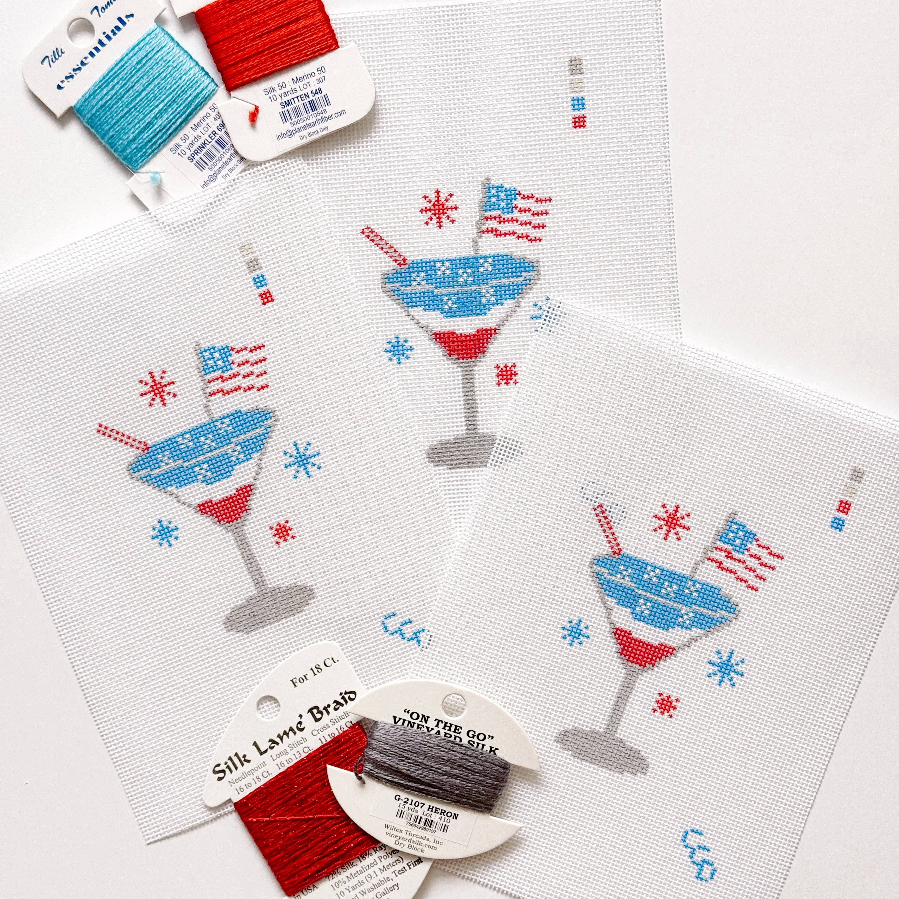 Cotswold Co Designs - Wholesale Embroidery/Cross Stitch Supplies - Patriotic Martini Needlepoint Canvas, Hand Painted, 18 Mesh, 2.5"x3" Design6