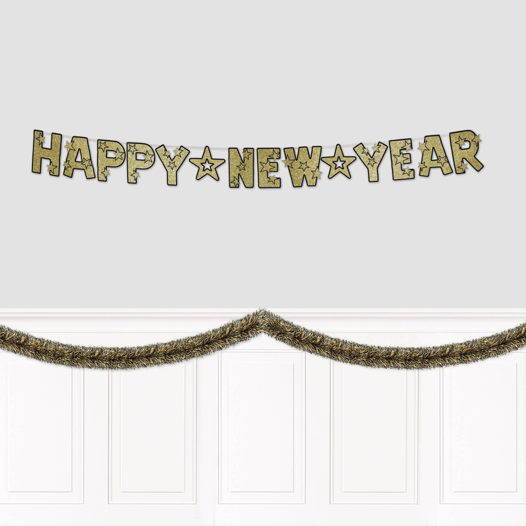 Beistle - Wholesale Bunting/garland - Metallic Tinsel Garland, Black & Gold, 3" x 15'3