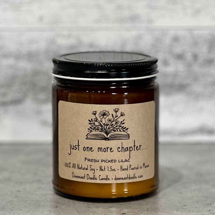 just one more chapter floral, book amber natural soy candle for wholesale by Downeast Doodle Candle Company, LLC