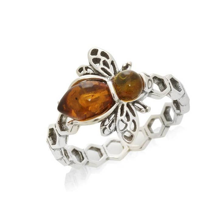 Bague abeille avec ambre cognac naturel, argent vieilli 925 pour la vente par OPALOOK France