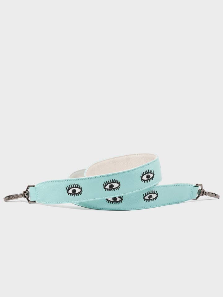 Aftagelig æggeskalsblå læder skulderrem - Broderi med øjne overalt for engroshandel hos Min & Mon