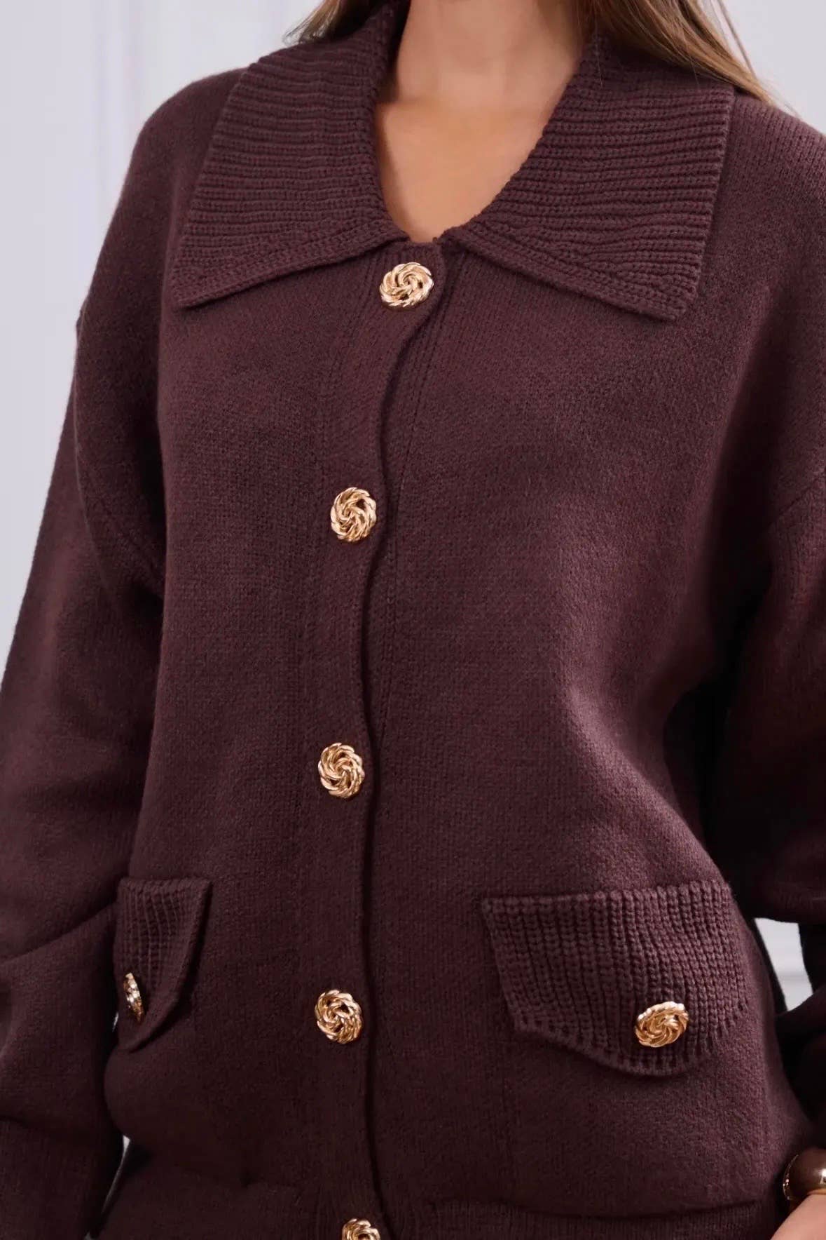 Frime - Vente Cardigan – femme - Gilet court à col large et boutons dorés - 27015