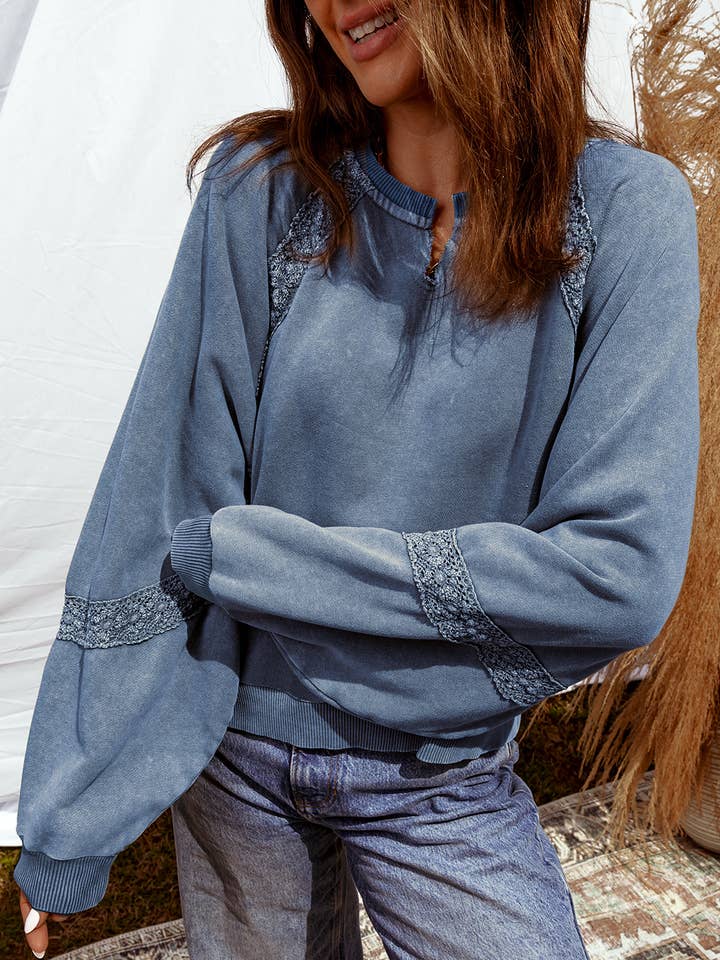 Sudadera de encaje con parches, cuello con muesca y lavado mineral. para venta al por mayor de PartyEight