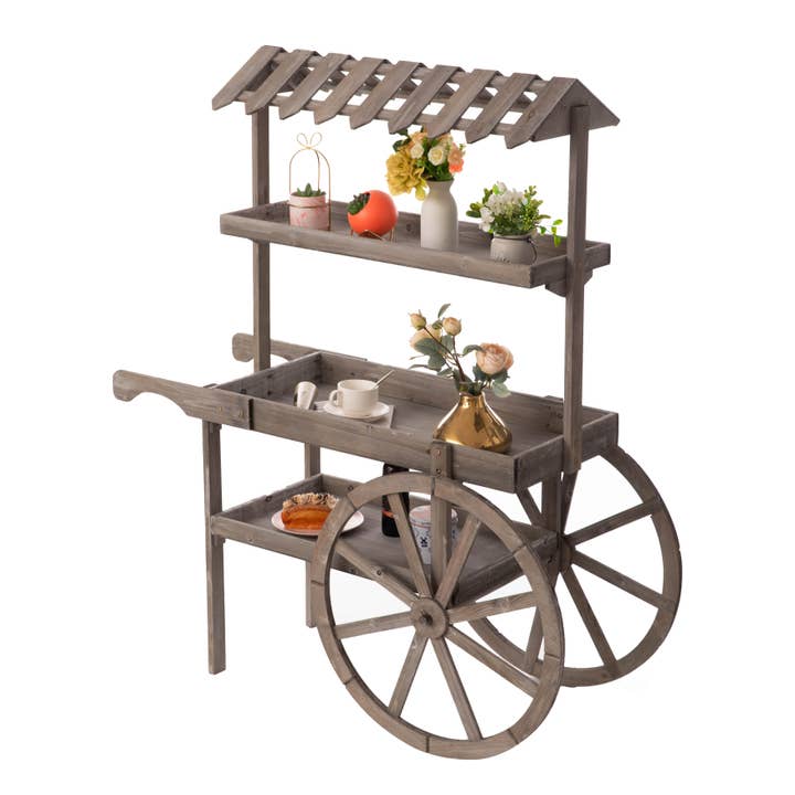 Quickway Imports - Wholesale Bar Cart - Antique Rustic Solid Wood decor Display Rack Cart, 3 Tier