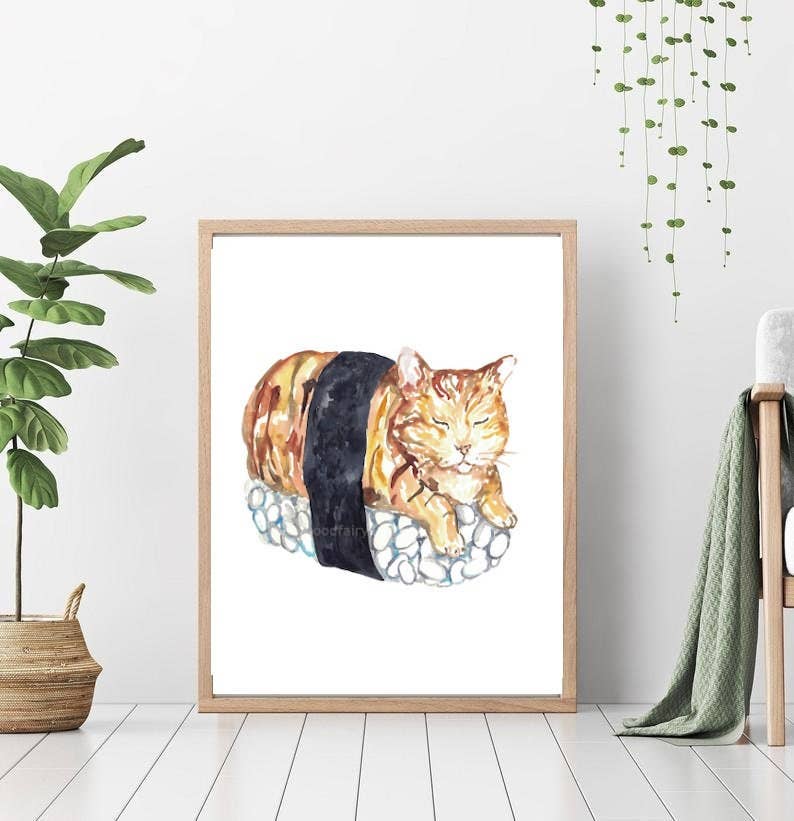 Goodfairyart - Venta al por mayor Ilustración - Póster de pared de cocina pintura gato sushi acuarela2