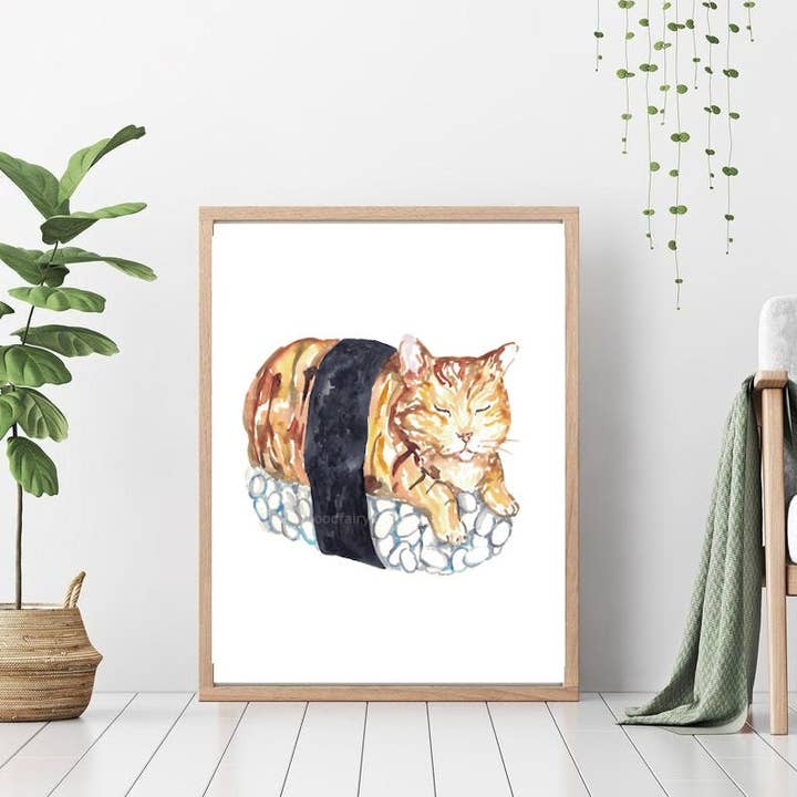 Goodfairyart - Venta al por mayor Ilustración - Póster de pared de cocina pintura gato sushi acuarela2