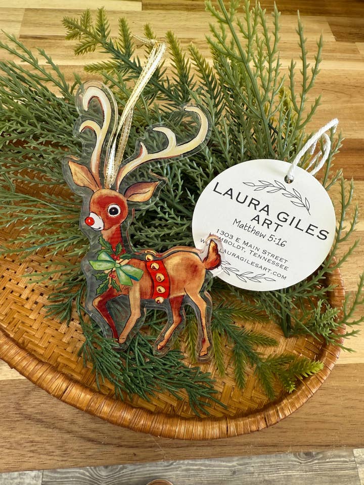 Acrylic Reindeer Ornament for wholesale by Laura Giles Art
