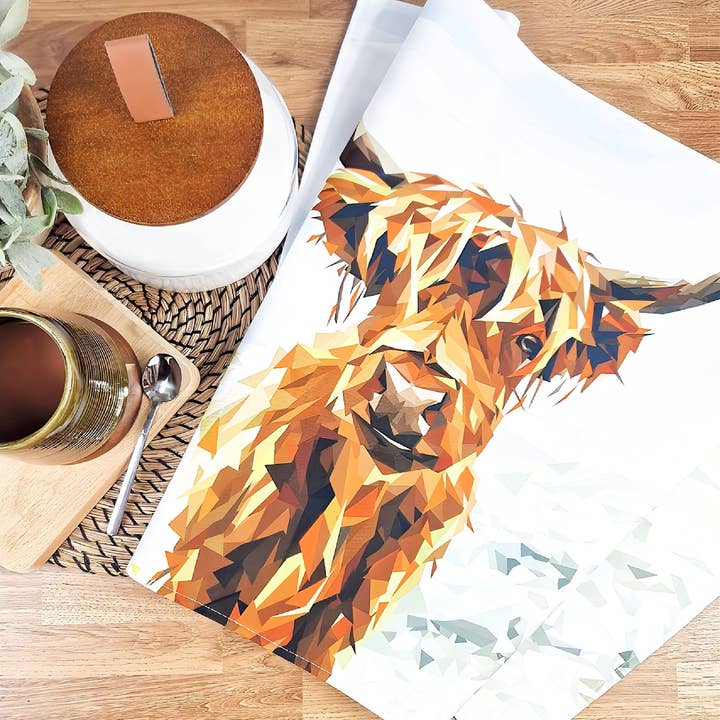 Highland cow tea towel | 100% cotton | Scottish art for wholesale by Louise Jennifer Design