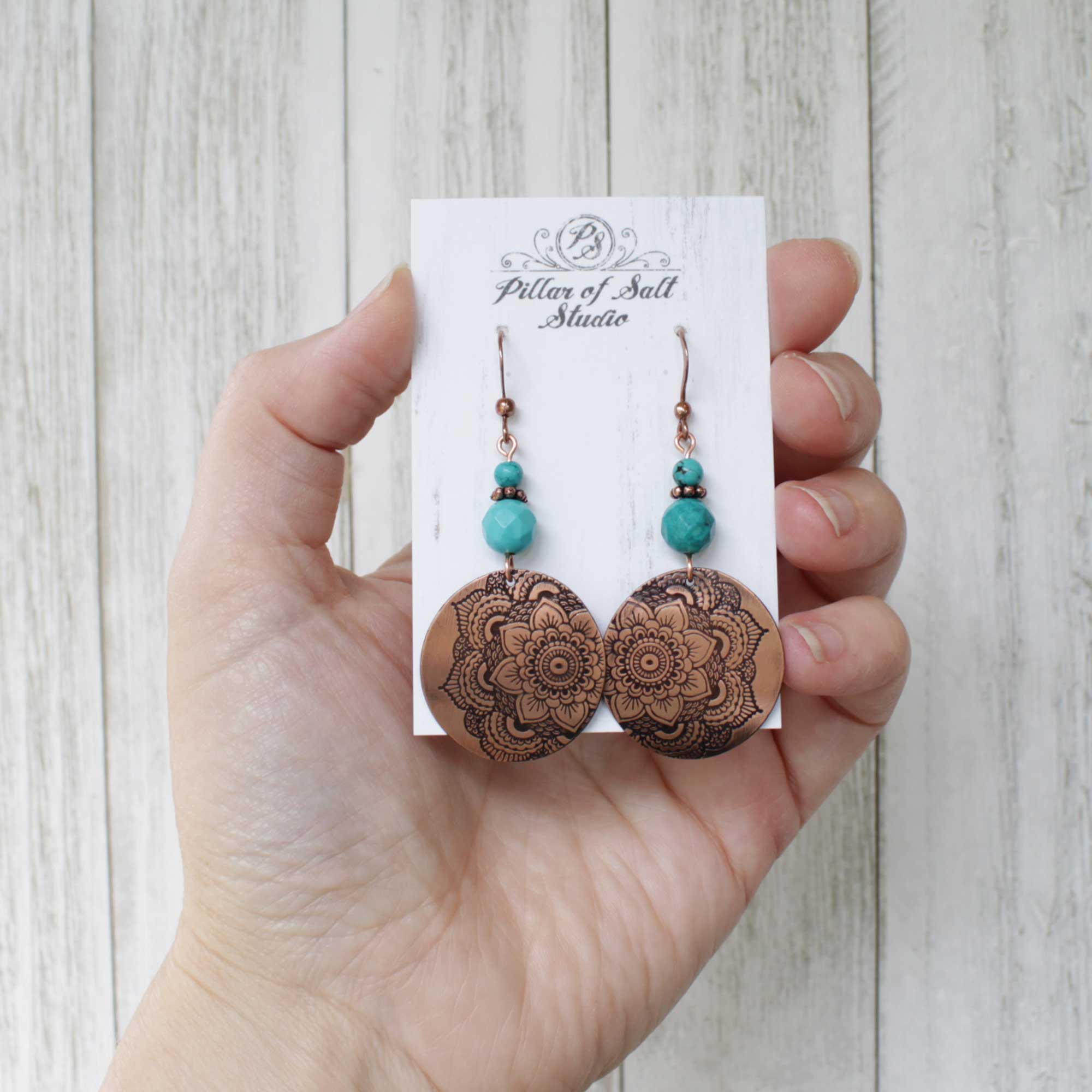 Pillar of Salt Studio - Wholesale Dangle Earrings - Handcrafted Solid Copper Mandala Earrings w/ Turquoise1