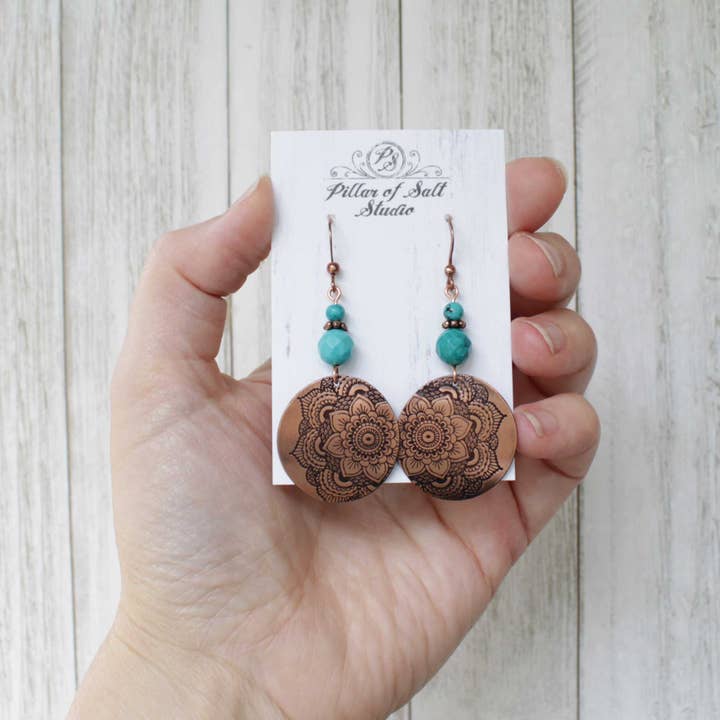 Pillar of Salt Studio - Wholesale Dangle Earrings - Handcrafted Solid Copper Mandala Earrings w/ Turquoise1