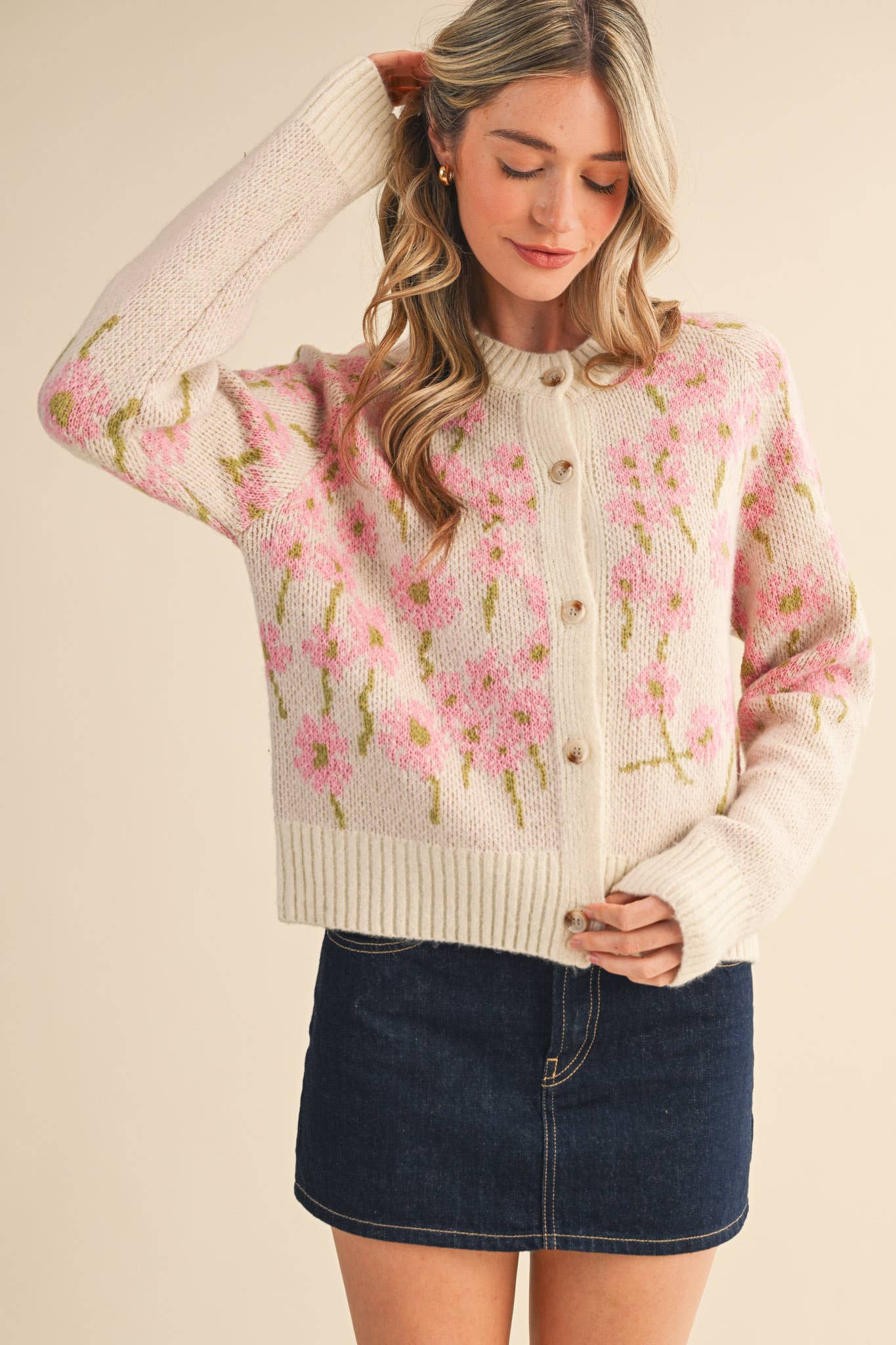 &MERCI - Wholesale Cardigan - Women's - FLORAL KNIT BUTTON DOWN SWEATER CARDIGAN MSW1123833