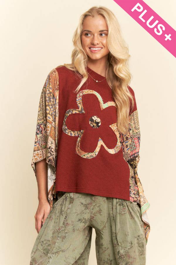 Davi & Dani - Wholesale Knit Top - Women's - PLUS BOHO PATCHWORK KNIT TOP WITH FLOWER5