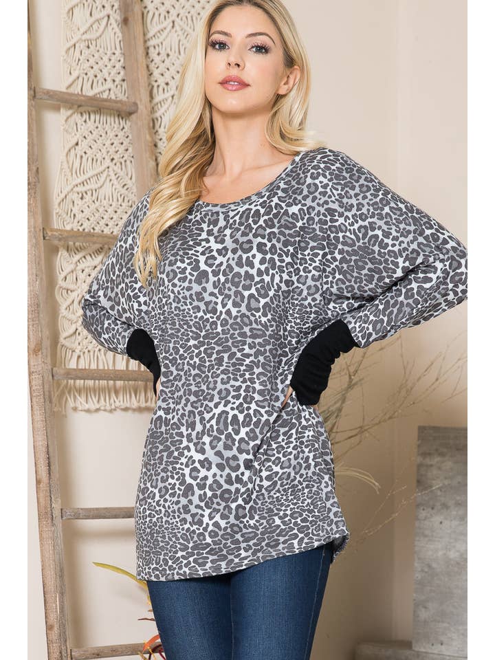 Orange Farm Clothing - Vente Pull tunique – femme - Pull oversize ultra doux avec trous pour les pouces-2 couleurs-Leopard3