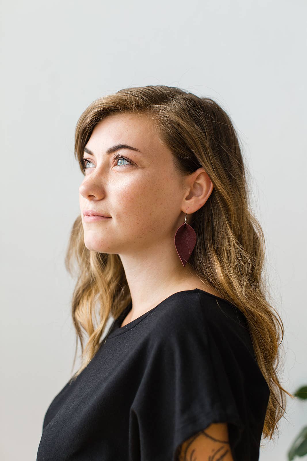 Whitebirch Handmade Goods - Wholesale Dangle Earrings - Burgundy Leather Leaf Earrings1