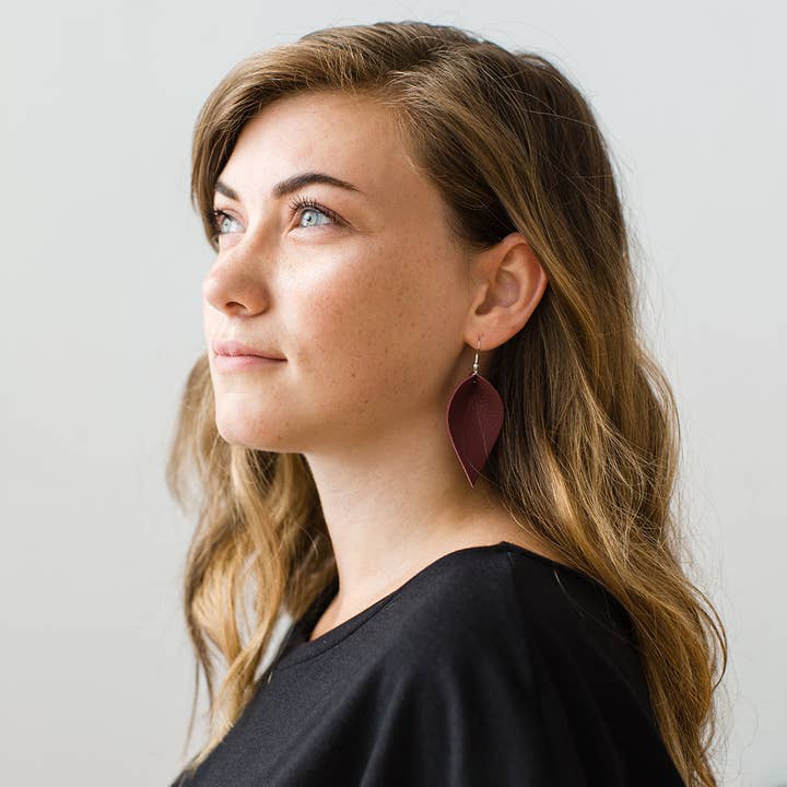 Whitebirch Handmade Goods - Wholesale Dangle Earrings - Burgundy Leather Leaf Earrings1