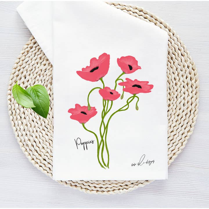 Red Poppy Flour Sack Tea Towel, Kitchen Decor, 27 square for wholesale by Bebe Blu Designs, LLC