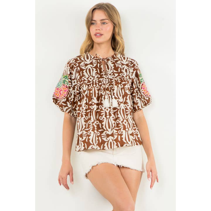 BROWN Print Top With Embroidery for wholesale on Faire