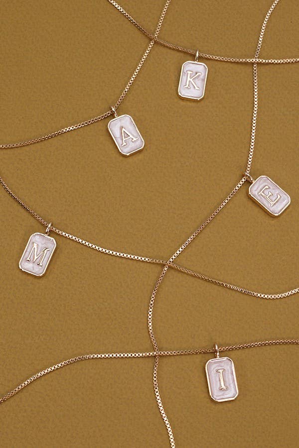 JOSSLYN by wall to wall - Wholesale Pendant/Charm Necklace - MONOGRAM INITIAL RECTANGLE PEARLY CHARM NECKLACE  | 80N1817