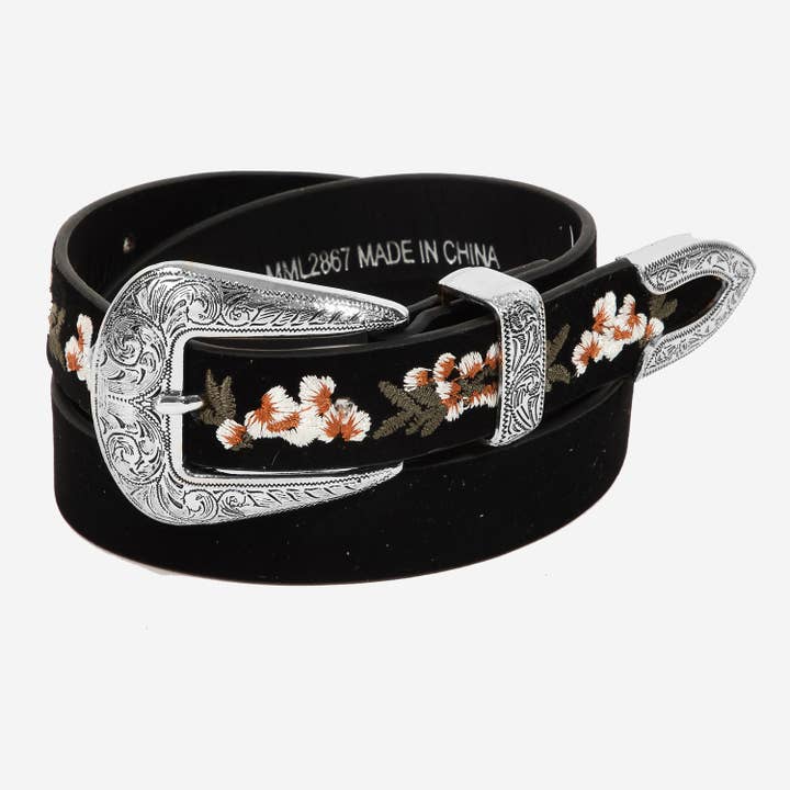 Flower Embroidered Etch Buckle Belt for wholesale by Collections by Fame Accessories