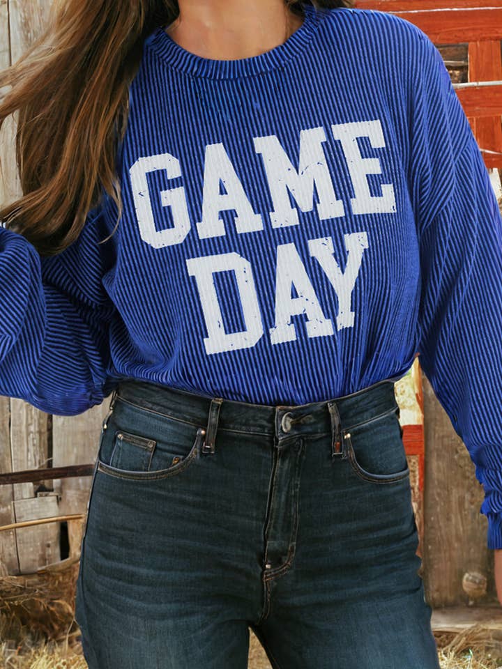 Corded GAME DAY Graphic Long Sleeve Crewneck Top for wholesale by fashionworks