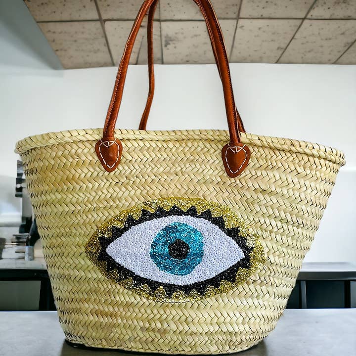 French Basket with Leather Handles and Tote Bag With Eyes for wholesale by Melecraft