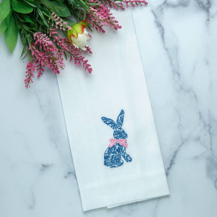 Toile Bunny Linen Towel - Easter for wholesale by Arte Italica & Crown Linen Designs