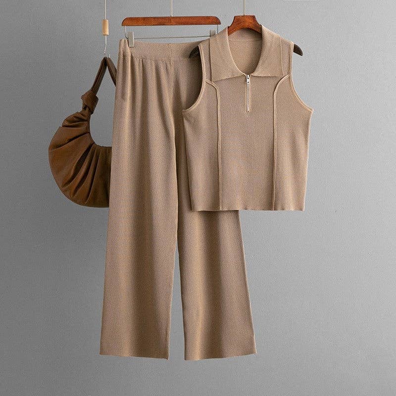 OceanusSwim – wholesale Top & pants set (NOT Loungewear) – Women's – Knit Zip Neck Vest High Waist Pants Set2