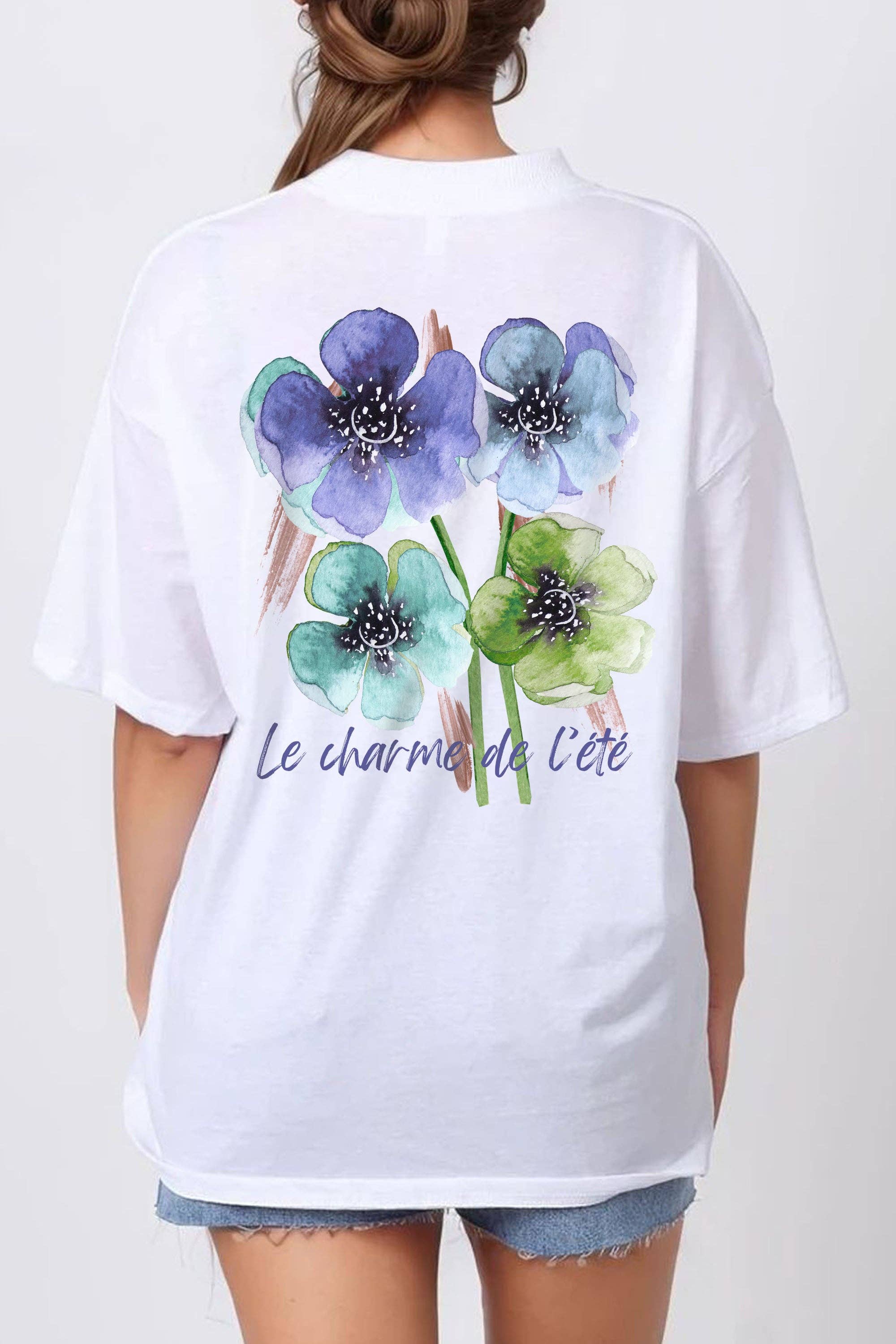 White Women 150GSM Oversized T-Shirt in Le Charm De Floral Print for wholesale on Faire0