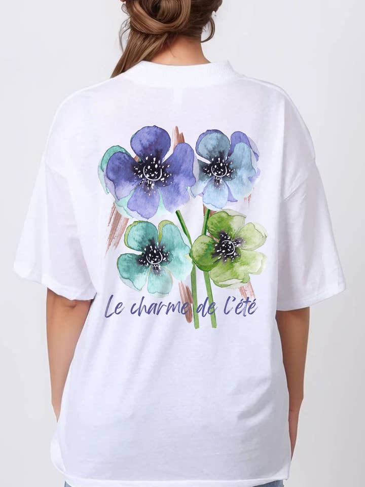 White Women 150GSM Oversized T-Shirt in Le Charm De Floral Print for wholesale on Faire0