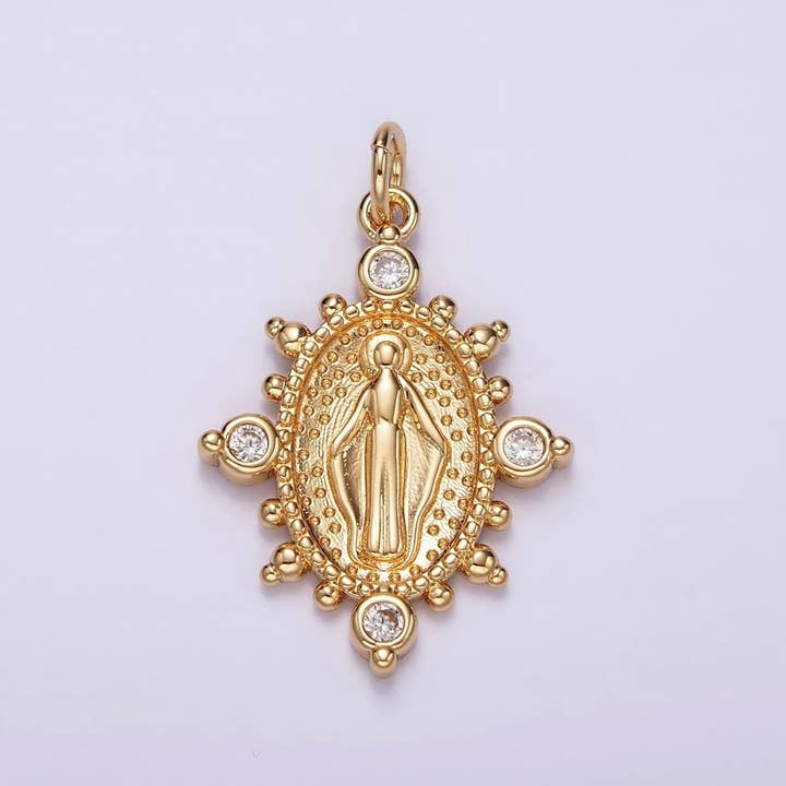 OS 16K Gold Filled Mary Guadalupe Religious CZ Dotted Oval Charm | W487 for wholesale by Aim Eternal