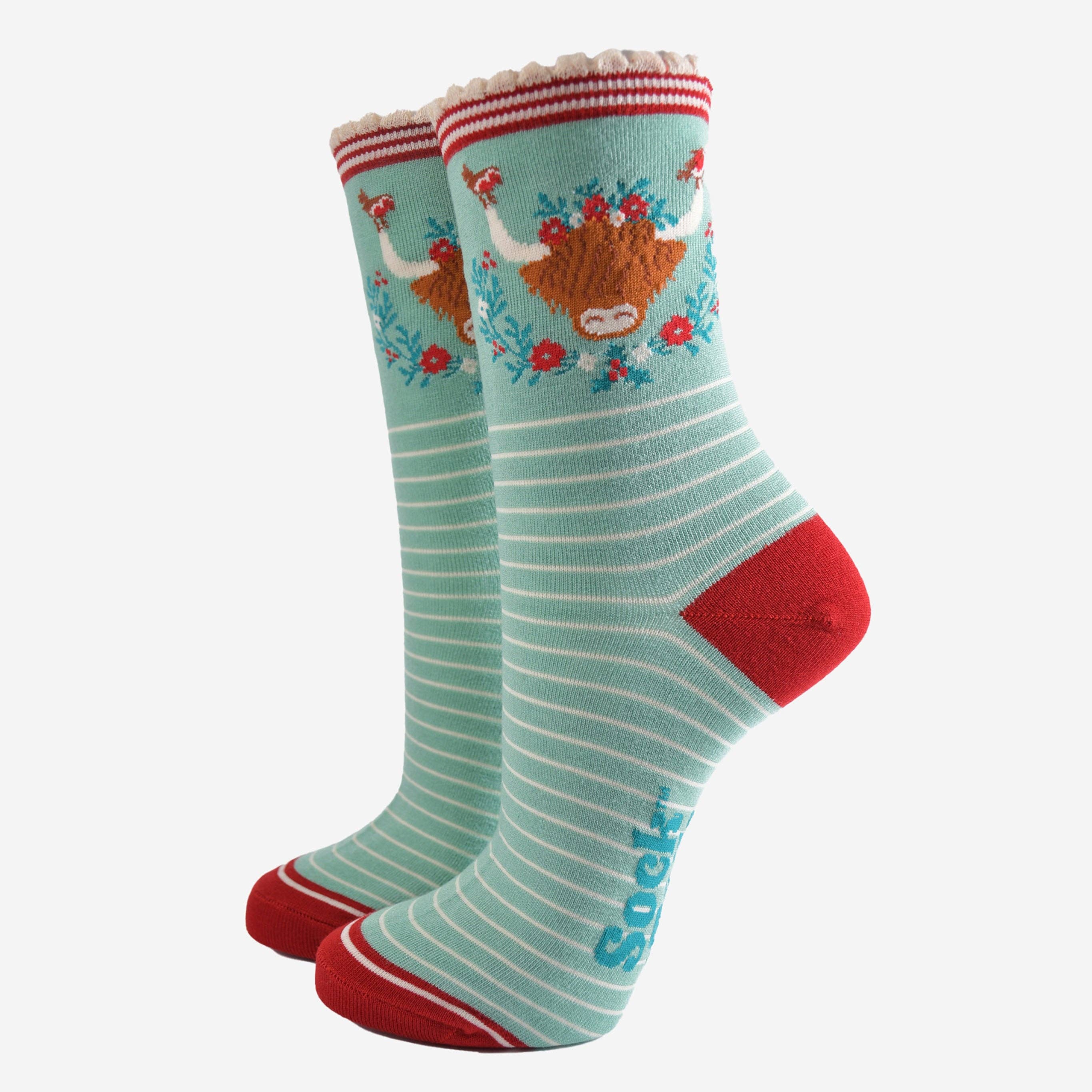 Sock Talk – wholesale Socks – Women's – Women's Bamboo Socks - Green/Red, Christmas Highland Cow9