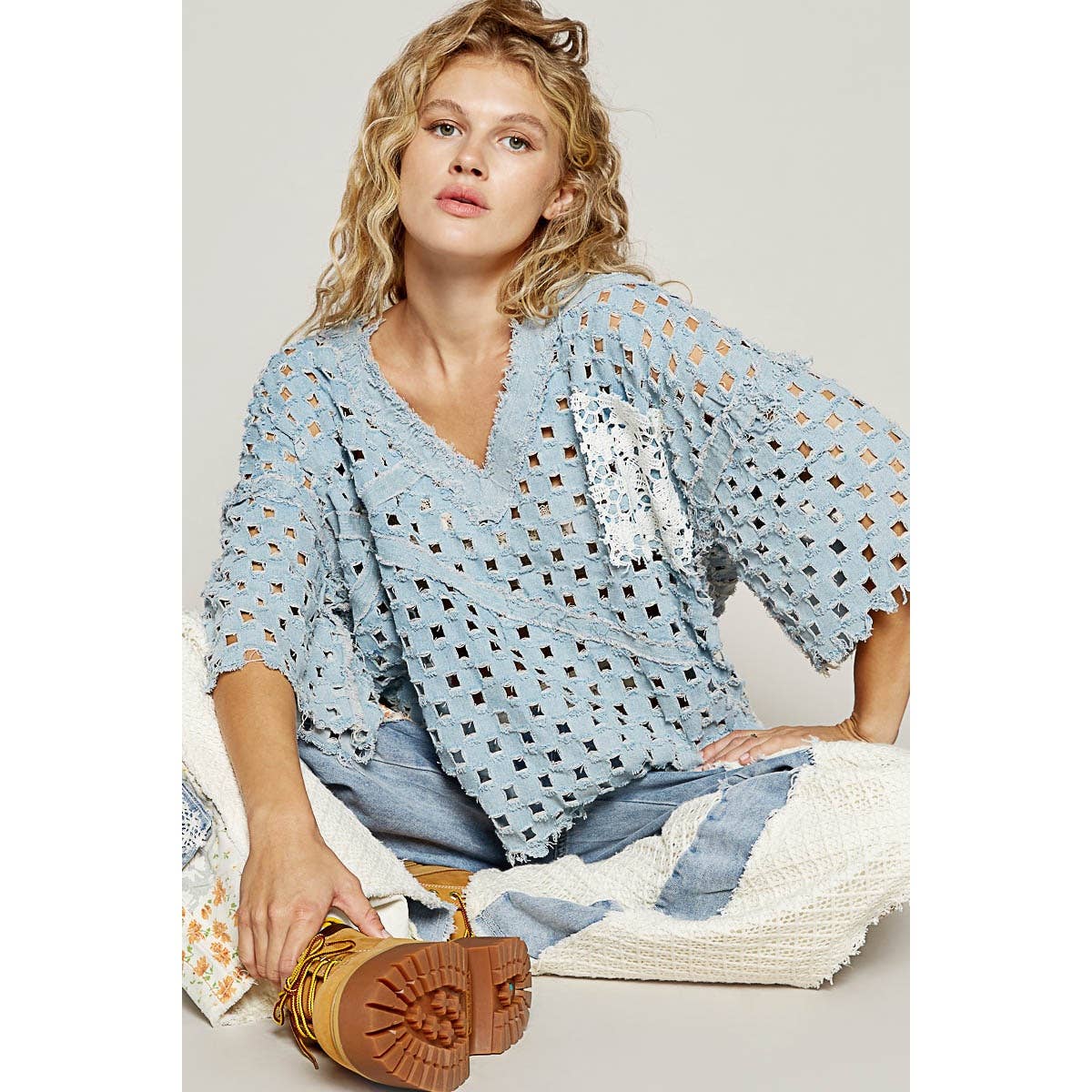 Pol Clothing - Vente Haut en maille – femme - Haut vintage délavé à manches courtes et poche avant7