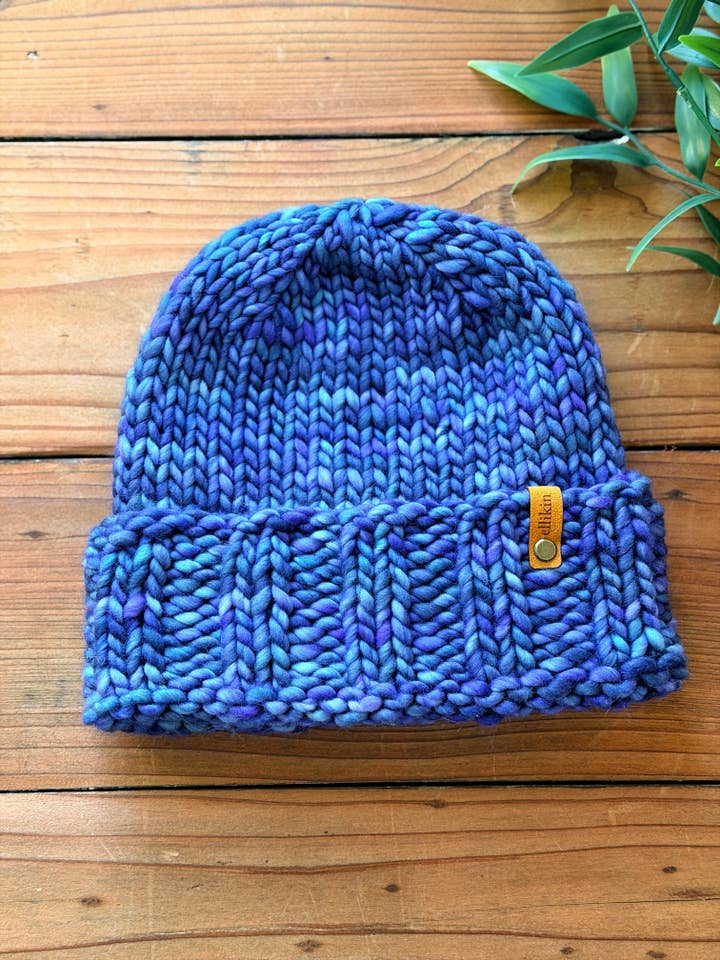 Alpine Trail Beanie in Azules for wholesale by Ellikin Knits