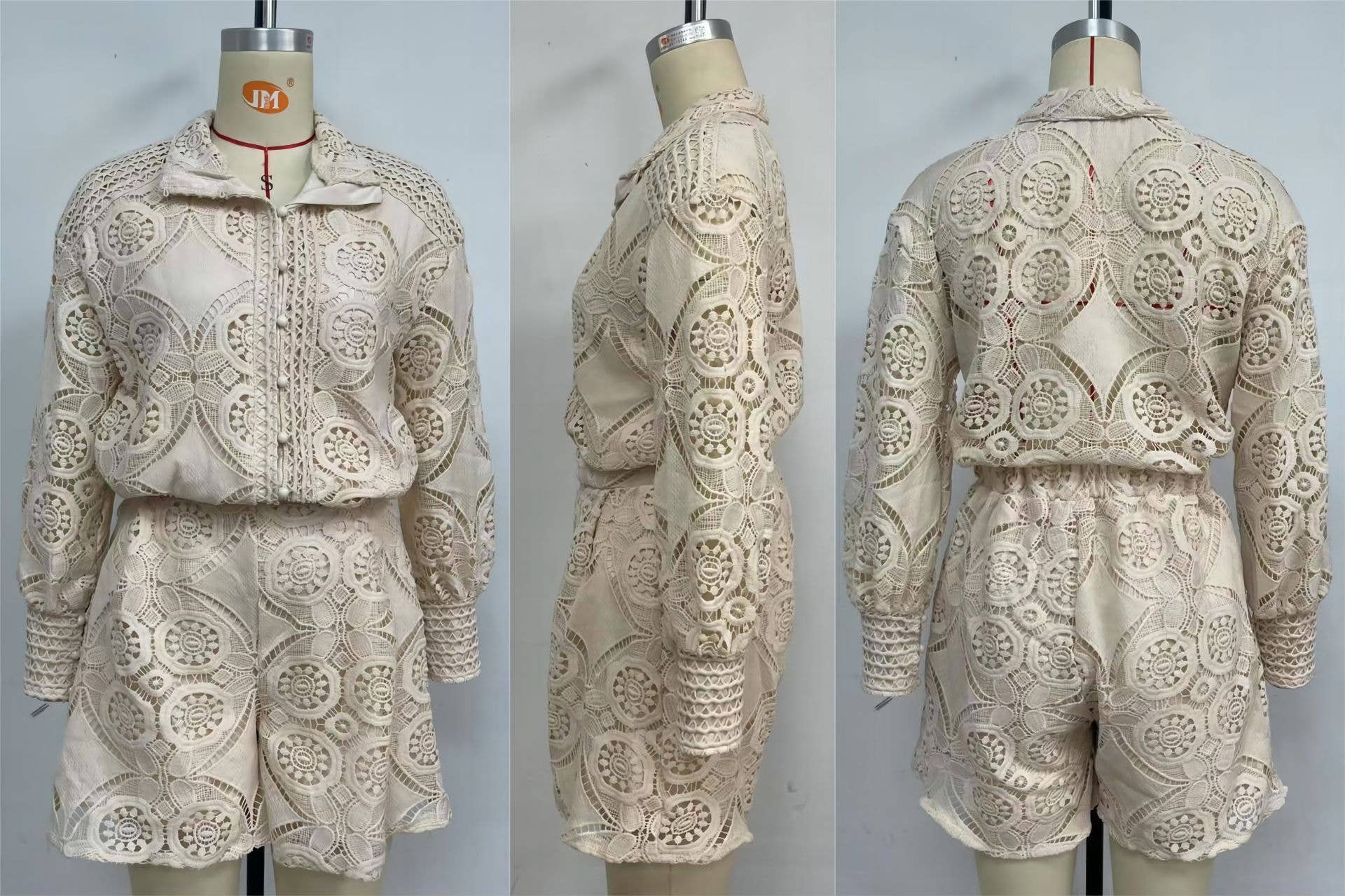 UNISHE - Vente Ensemble haut et short (PAS d'intérieur) - Femme - Ensemble 2 pièces blouse à boutons en dentelle complète et short ZK154313