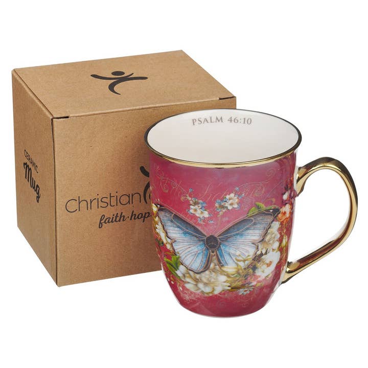 Christian Art Gifts - Vente Tasse à café - Mug rose/blanc Butterfly Be Still Ps. 46:101