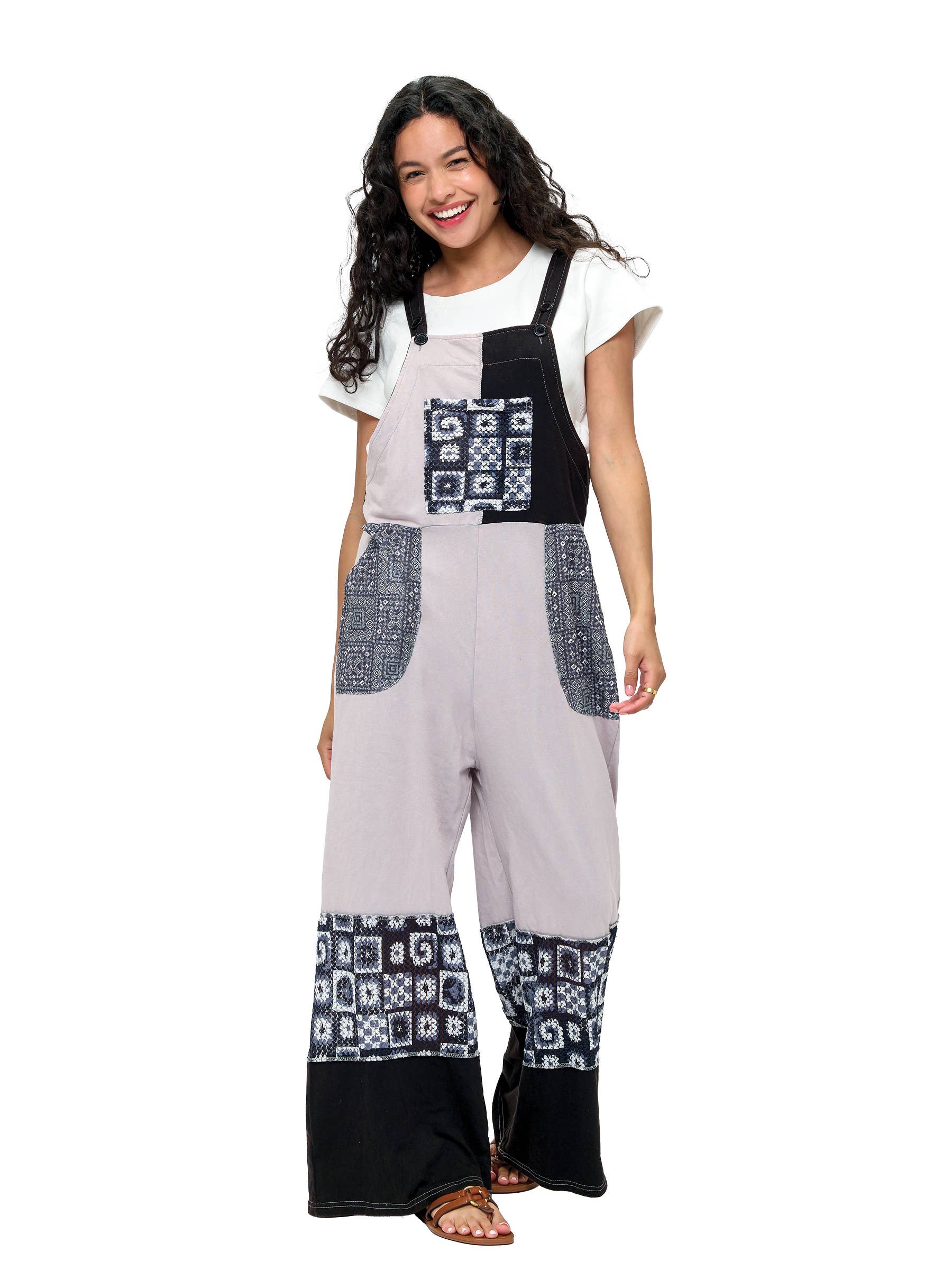 Yak & Yeti - Vendita all'ingrosso Salopette - Donna - Complessivo Boho a Blocchi di Colore con Applicazione in Pizzo1