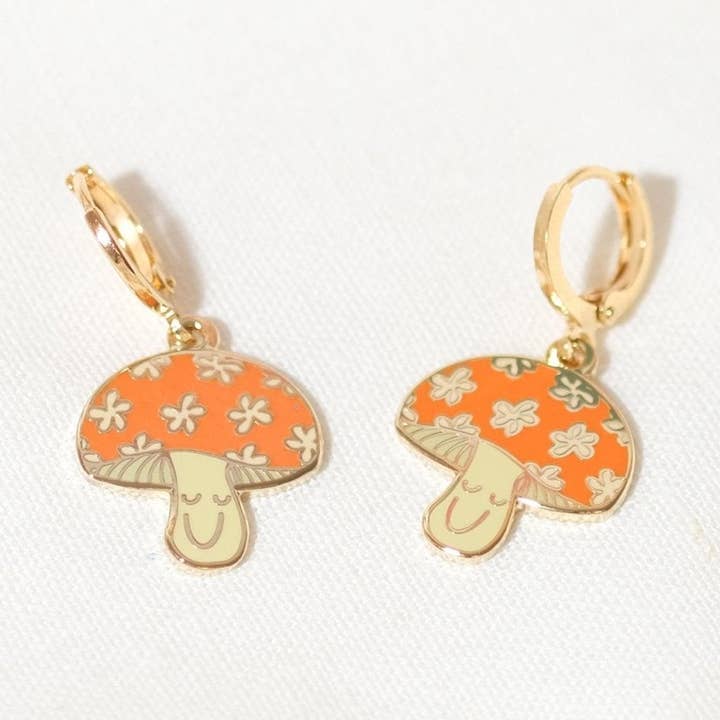 Happy Mushroom Huggie Hoop Earrings for wholesale by Sleepy Mountain