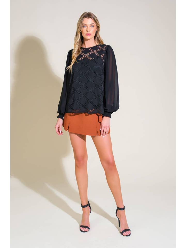 A lace/solid woven top - IT13226 BLACK for wholesale on Faire3