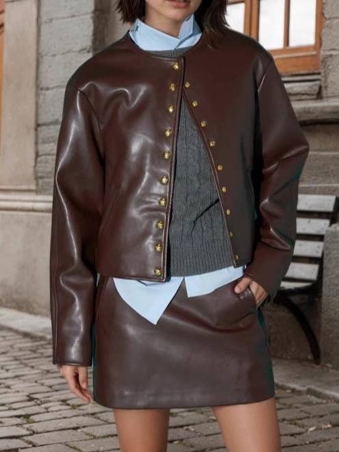 Faux Leather Button-Up Jacket with Gold Stud Details for wholesale by Anna Kaci Wholesale