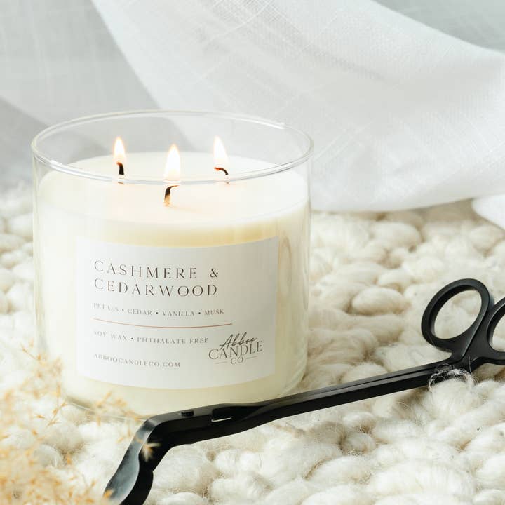 Cashmere and Cedarwood 3-Wick Soy Candle for wholesale by Abboo Candle Co