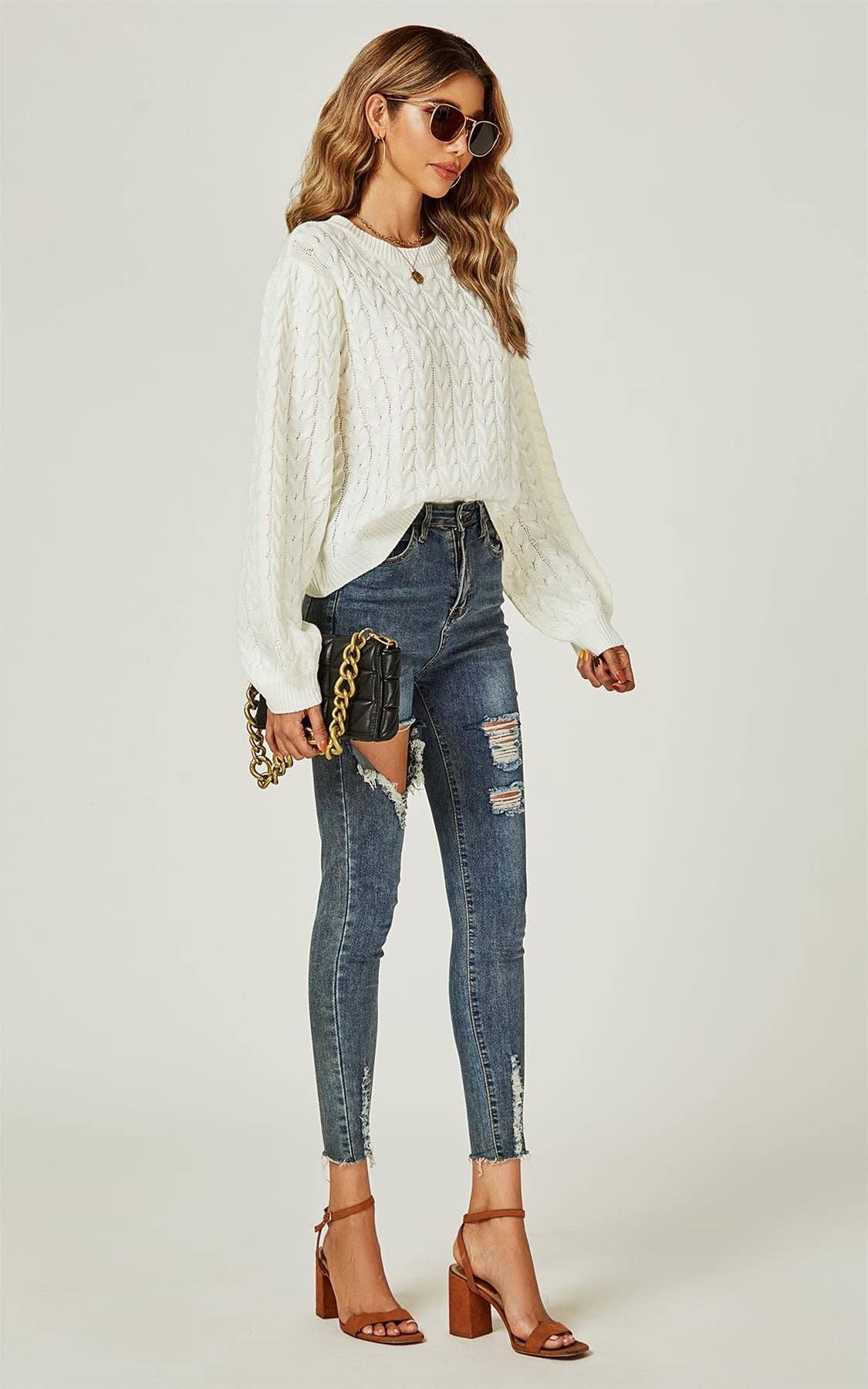 FS Collection (Germany) – Großhandel Strickpullover – Damen – Grobes Oberteil mit offener Krawatte, cremefarben5