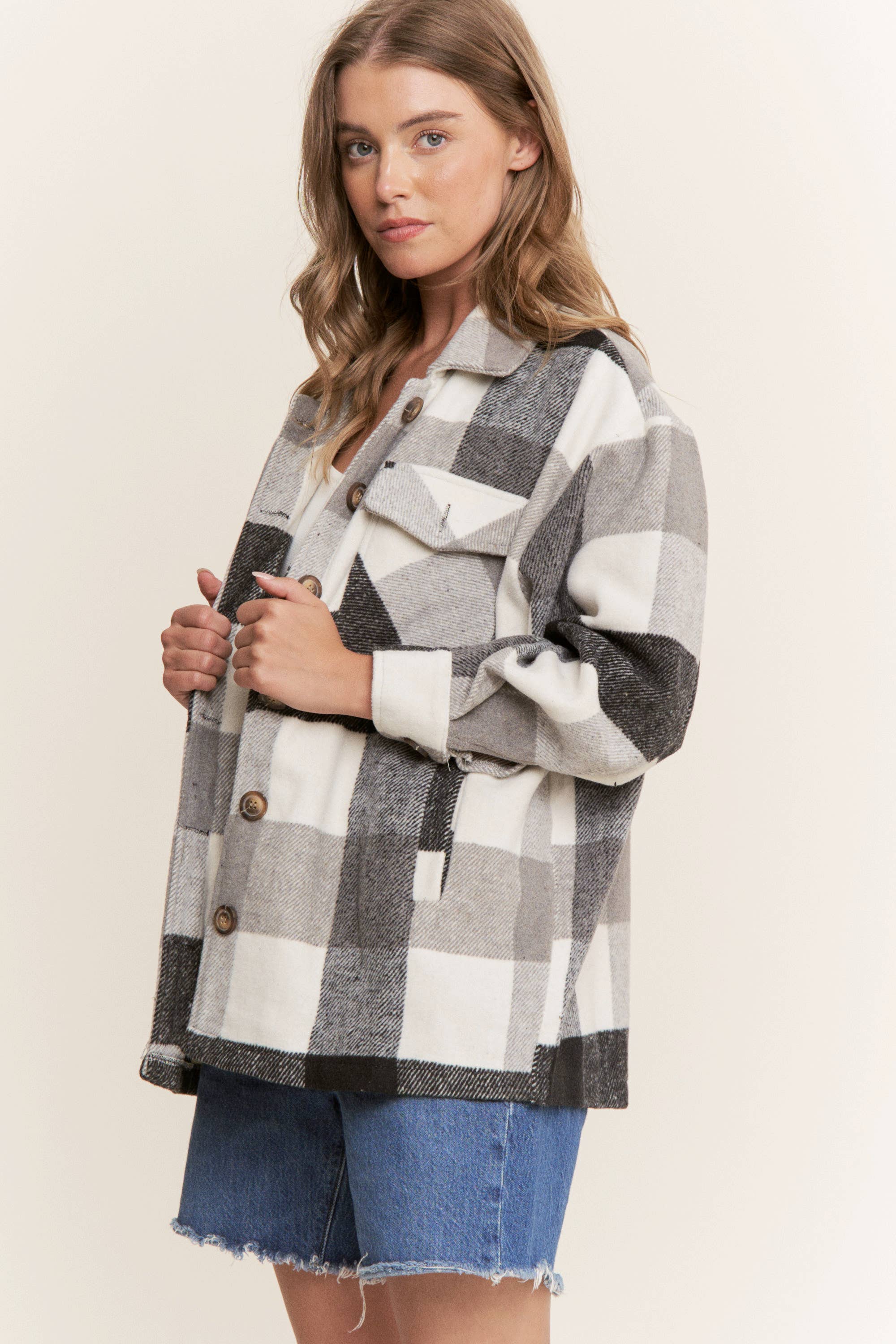 Sweet Generis - Wholesale Shirt Jacket/Shacket - Women's - FUZZY PLAID BUTTON DOWN FLANNEL SHIRT JACKET27