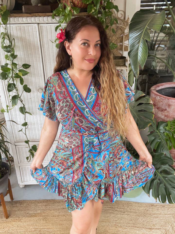 Silk Adjustable Short Wrap Kimono Dress (Blue /Green for wholesale by Pink and Silver