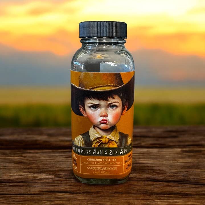 Montana Farmacy - Wholesale Loose Tea - Sourpuss Sam cowboy pouty Tea Cinnamon Spice IN glass jar